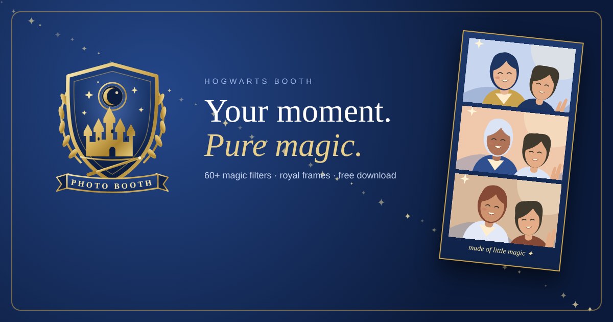 Royal blue photo strip with a starry castle crest